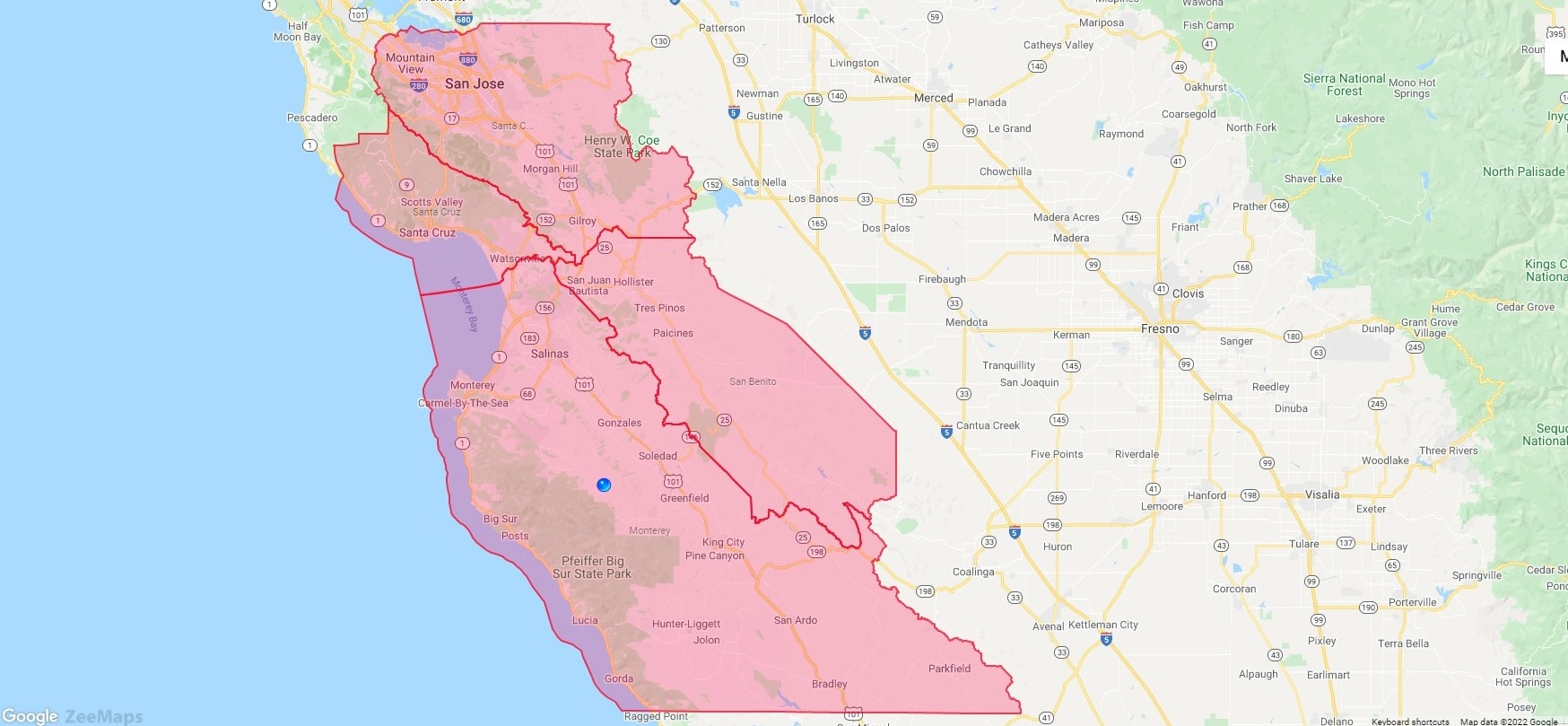 Map of Monterey, San Benito, Santa Cruz, and Santa Clara counties in California.